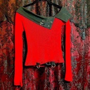 1990’s, Red Lip Service fishnet long sleeve top with safety pins. Size Large